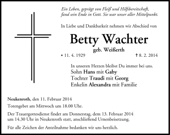 Traueranzeige von Betty Wachter von Neue Presse Coburg
