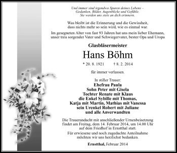 Traueranzeige von Hans Böhm von Südthüringer Presse