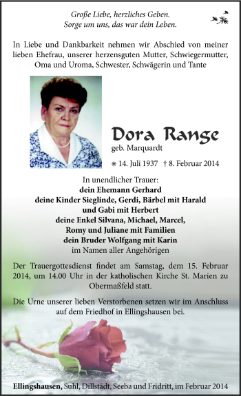 Traueranzeige von Dora Range von Südthüringer Presse