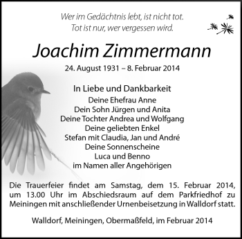 Traueranzeige von Joachim Zimmermann von Südthüringer Presse
