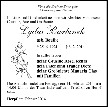 Traueranzeige von Lydia Barbinek von Südthüringer Presse