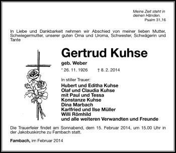 Traueranzeige von Gertrud Kuhse von Südthüringer Presse