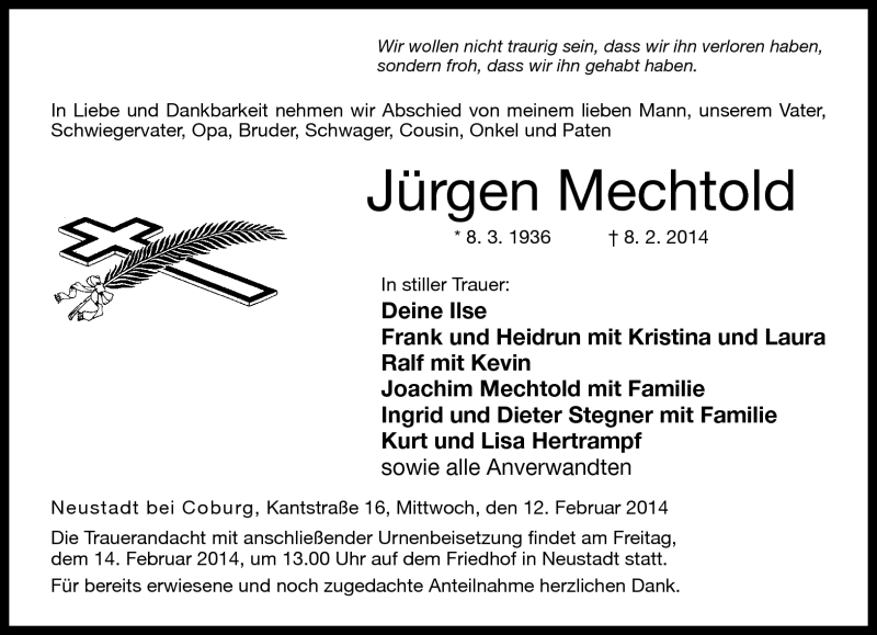  Traueranzeige für Jürgen Mechtold vom 12.02.2014 aus Neue Presse Coburg