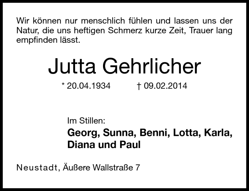  Traueranzeige für Jutta Gehrlicher vom 13.02.2014 aus Neue Presse Coburg