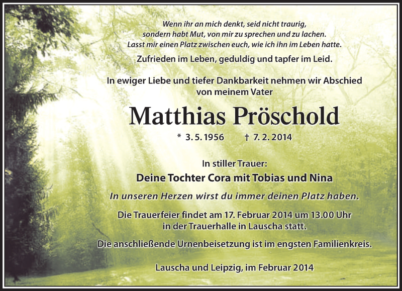  Traueranzeige für Matthias Pröschold vom 14.02.2014 aus 80025