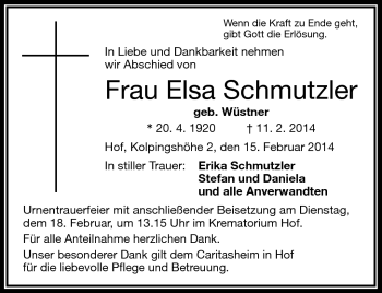 Traueranzeige von Elsa Schmutzler von Frankenpost