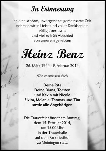 Traueranzeige von Heinz Benz von Südthüringer Presse