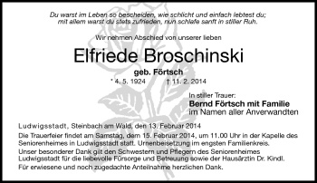 Traueranzeige von Elfriede Broschinski von Neue Presse Coburg