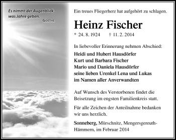 Traueranzeige von Heinz Fischer von Südthüringer Presse