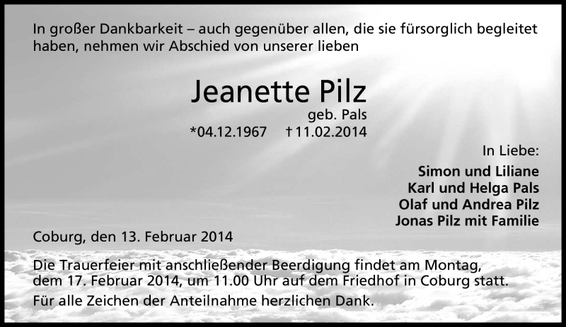  Traueranzeige für Jeanette Pilz vom 13.02.2014 aus Neue Presse Coburg