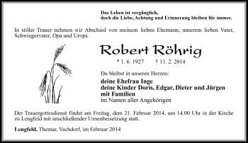Traueranzeige von Robert Röhrig von Südthüringer Presse