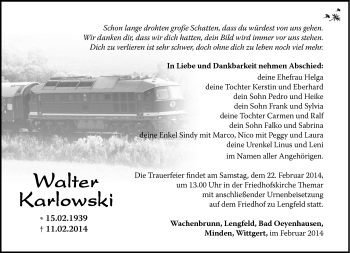 Traueranzeige von Walter Karlowski von Südthüringer Presse