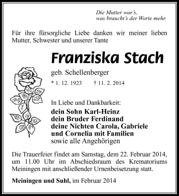 Traueranzeige von Franziska Stach von Südthüringer Presse