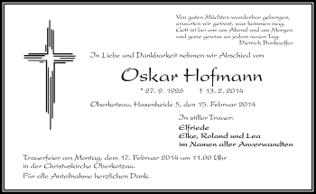 Traueranzeige von Oskar Hofmann von Frankenpost