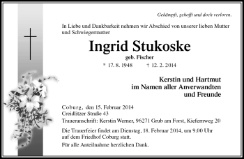 Traueranzeige von Ingrid Stukoske von Neue Presse Coburg