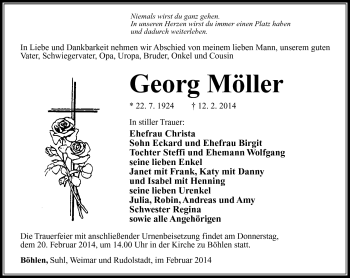 Traueranzeige von Georg Möller von Südthüringer Presse