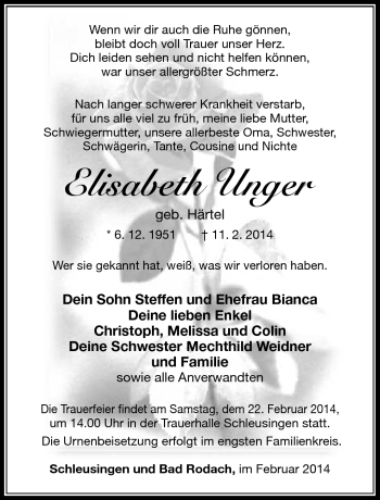 Traueranzeige von Elisabeth Unger von Südthüringer Presse