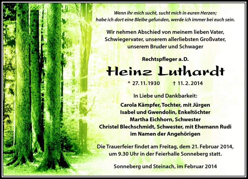  Traueranzeige für Heinz Luthardt vom 18.02.2014 aus Südthüringer Presse