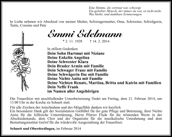Traueranzeige von Emmi Edelmann von Südthüringer Presse