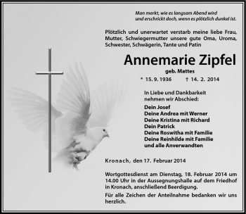 Traueranzeige von Annemarie Zipfel von Neue Presse Coburg