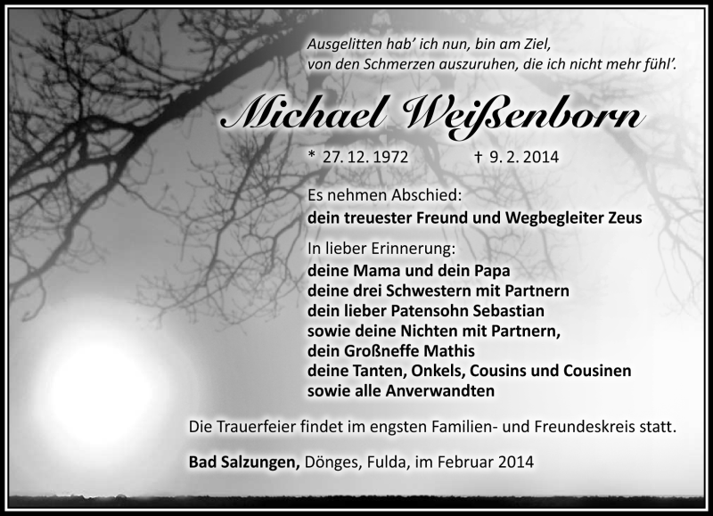  Traueranzeige für Michael Weißenborn vom 19.02.2014 aus Südthüringer Presse