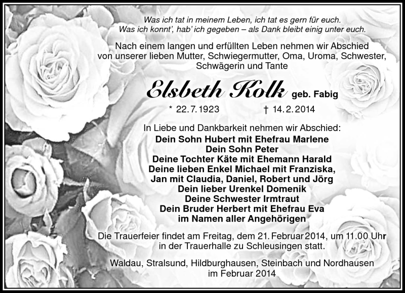  Traueranzeige für Elsbeth Kolk vom 18.02.2014 aus Südthüringer Presse
