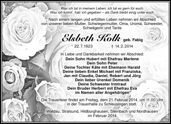 Traueranzeige von Elsbeth Kolk von Südthüringer Presse