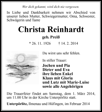 Traueranzeige von Christa Reinhardt von Südthüringer Presse