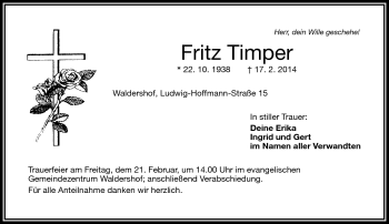 Traueranzeige von Fritz Timper von Frankenpost