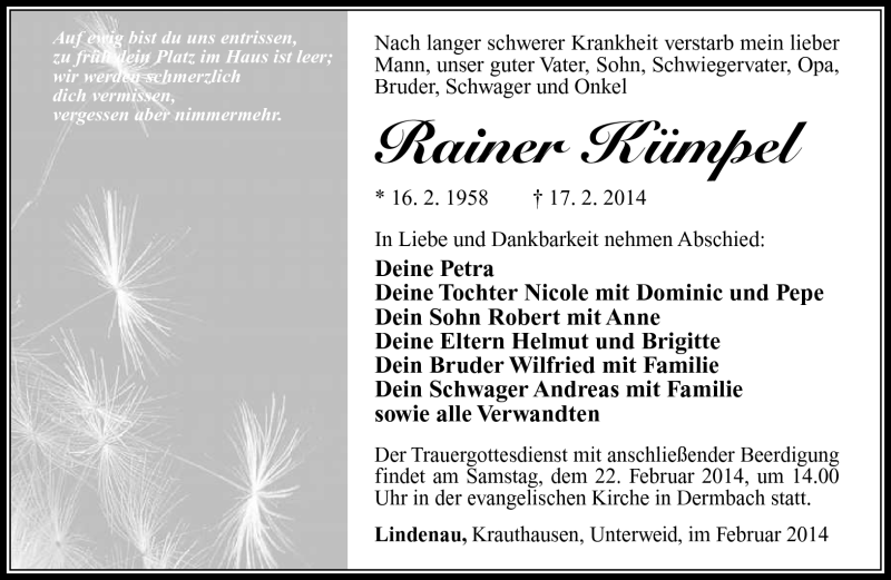  Traueranzeige für Rainer Kümpel vom 19.02.2014 aus Südthüringer Presse