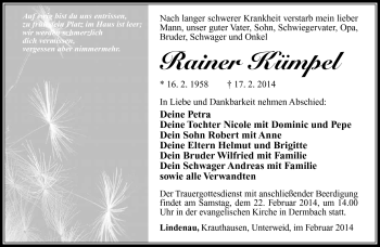 Traueranzeige von Rainer Kümpel von Südthüringer Presse