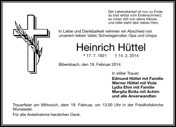 Traueranzeige von Heinrich Hüttel von Frankenpost