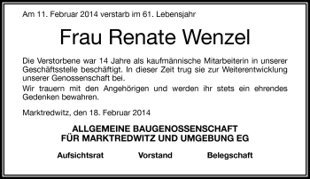 Traueranzeige von Renate Wenzel von Frankenpost