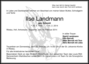 Traueranzeige von Ilse Landmann von Frankenpost