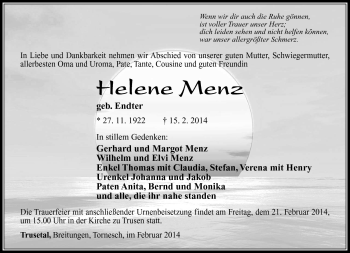 Traueranzeige von Helene Menz von Südthüringer Presse