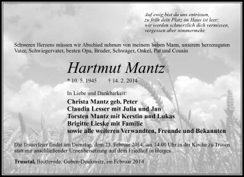 Traueranzeige von Hartmut Mantz von Südthüringer Presse