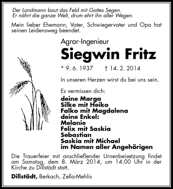 Traueranzeige von Siegwin Fritz von Südthüringer Presse
