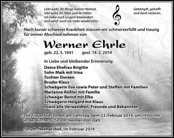 Traueranzeige von Werner Ehrle von Südthüringer Presse