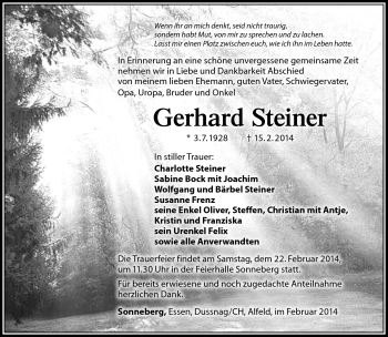 Traueranzeige von Gerhard Steiner von Südthüringer Presse