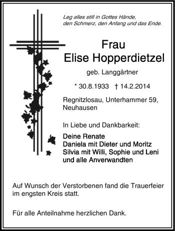 Traueranzeige von Elise Hopperdietzel von Frankenpost