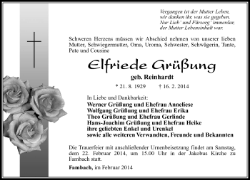 Traueranzeige von Elfriede Grüßung von Südthüringer Presse