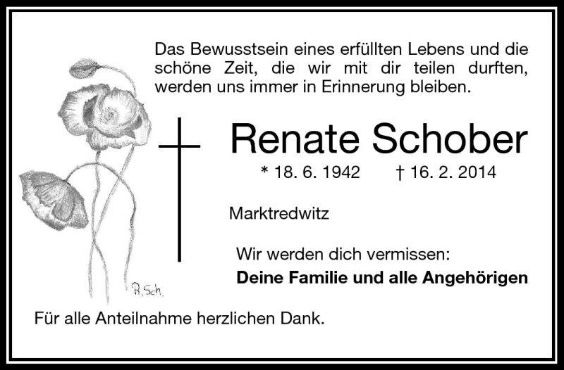  Traueranzeige für Renate Schober vom 22.02.2014 aus Frankenpost