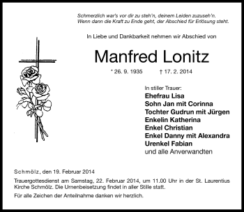 Traueranzeige von Manfred Lonitz von Neue Presse Coburg
