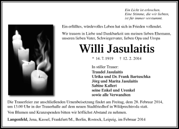 Traueranzeige von Willi Jasulaitis von Südthüringer Presse