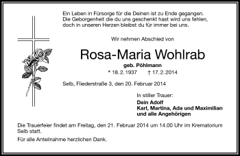 Traueranzeige von Rosa Maria Wohlrab von Frankenpost
