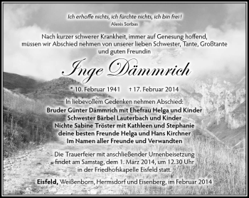Traueranzeige von Inge Dämmrich von Südthüringer Presse