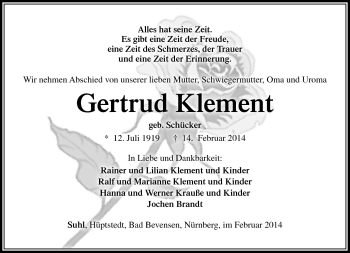 Traueranzeige von Gertrud Klement von Südthüringer Presse