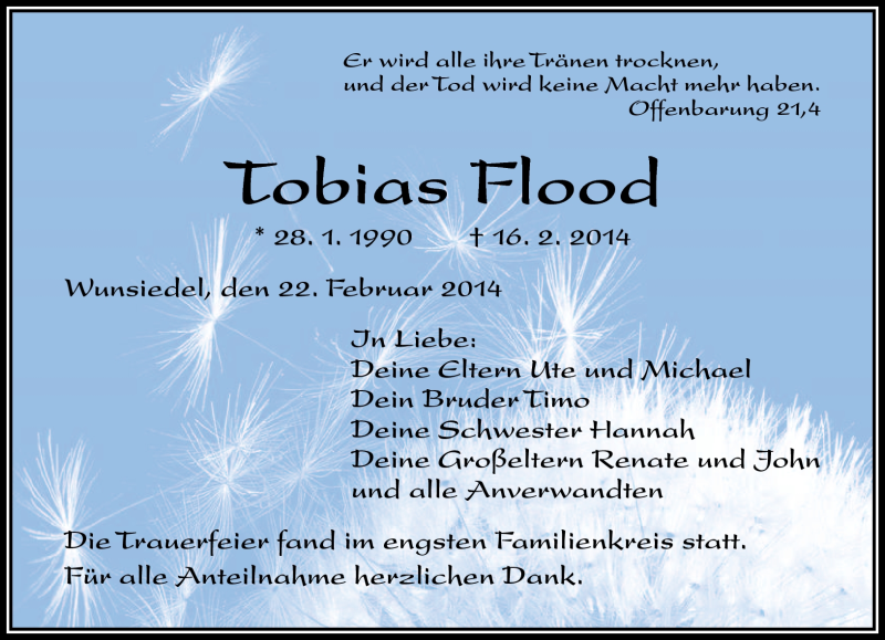 Traueranzeige für Tobias Flood vom 22.02.2014 aus Frankenpost
