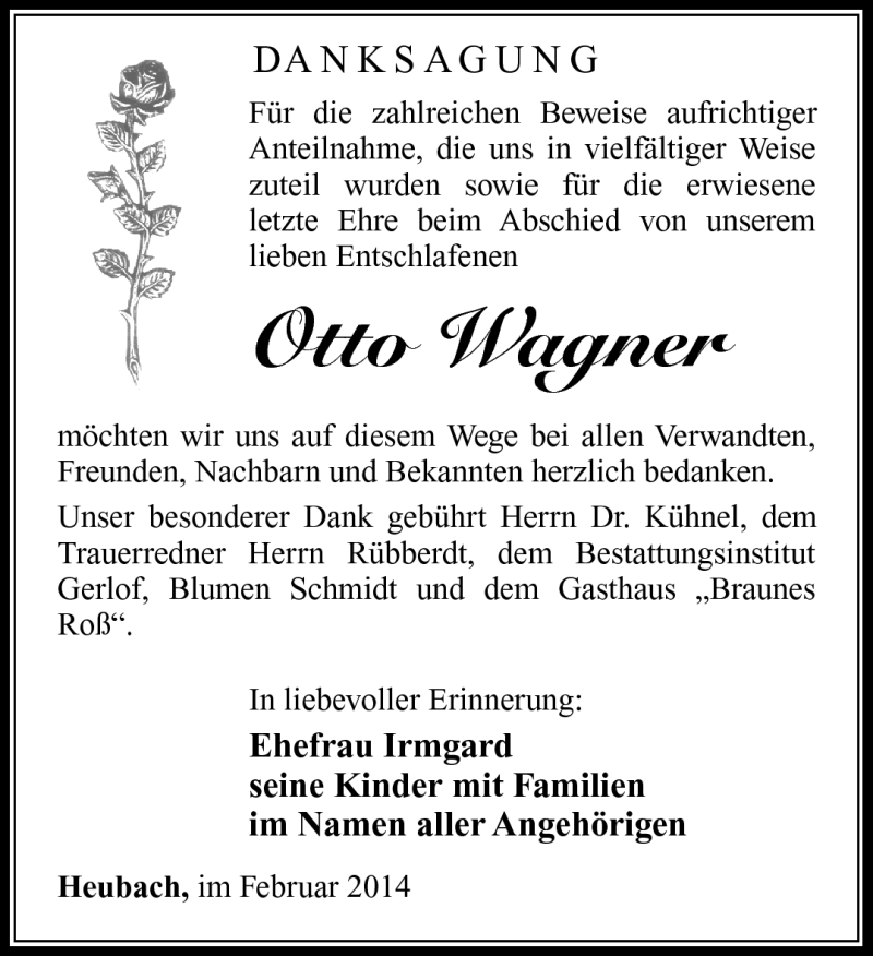  Traueranzeige für Otto Wagner vom 22.02.2014 aus Südthüringer Presse