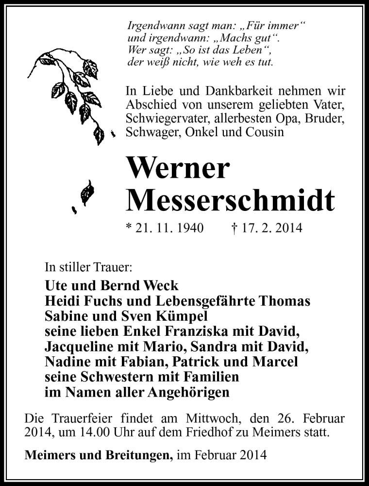  Traueranzeige für Werner Messerschmidt vom 22.02.2014 aus Südthüringer Presse